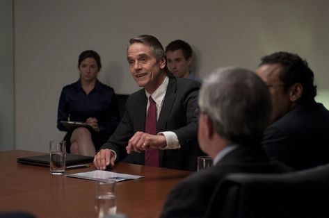 "Margin Call" movie still, 2011. Jeremy Irons as John Tuld. PLOT 4: The CEO (Irons) flies in for an emergency meeting, discovers his company is about to become worthless, and determines what to do next. Margin Call Movie, Call Movie, Margin Call, Assassin’s Creed, Movie Reviews, Business Casual Men, Business Casual, Talk Show, Men Casual