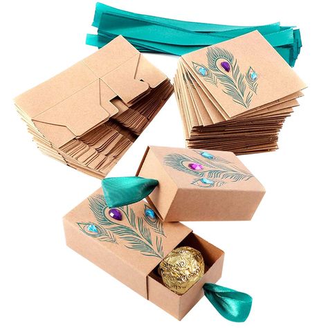 PRICES MAY VARY. 【Easy to assemble】Package contains 50 printed peacock feather box shell, 50 vintage kraft paper folding drawers and 50 green silk satin, no tape needed, easy to assemble, suitable for wedding, bridal shower, baby shower, class party, birthday, etc 【Cute Design】The unique design of printed peacock feathers and three rhinestones can make your party or wedding more unique and fun, catch others' eyes and be a big hit! 【Drawer closure】Want a party that's uniquely yours? Grab your wat Travel Theme Party, Travel Party Theme, Paper Candy, Candy Party Favors, Travel Theme, Bag For Travel, Wedding Favor Boxes, Feather Pattern, Paper Gift Bags