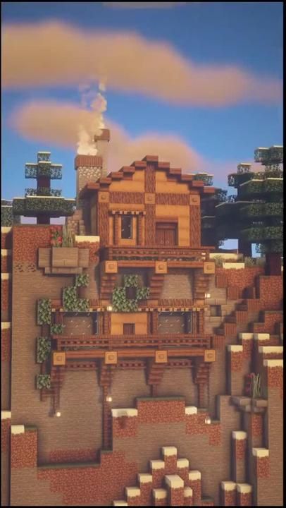 Side Of Mountain House Minecraft, Cliff Side House, Minecraft Cliff House, House Tutorial Minecraft, Minecraft Mountain House, Minecraft Mountain, Cliff Side, House Tutorial, Cliff House