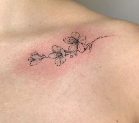 Lily Flower Collar Bone Tattoo, Lily Tattoo Collar Bone, Flower Tattoo Collar Bone, Flower Collarbone Tattoo, Peace Lily Tattoo, Women Chest Tattoo Classy, Tattoos Collar Bone, November Flower Tattoo, Tattoo Collar Bone