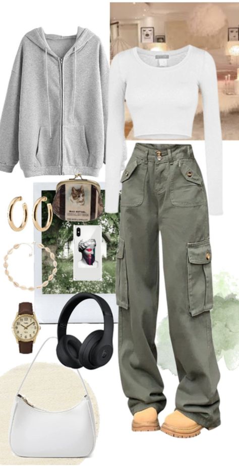 Outfit Ideas Shoplook, Fits With Green Cargo Pants, Cargo Pants Outfit For School, Black Cargos Girl Outfits, Cute Outfits With Green Cargo Pants, Styling Green Cargos, Green Cargo Fits, Green And Gray Outfit, Green Top Outfit Aesthetic