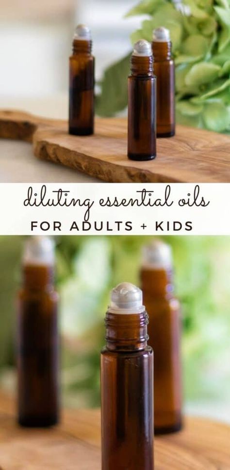 Essential oils are very concentrated and need to be diluted in order to use them safely. Learn how to dilute essential oils properly for adults and kids. #dilutingessentialoils #howtodiluteessentialoils #essentialoils #rollerbottles Oil Dilution Chart, Essential Oil Dilution Chart, Essential Oil Roller Bottle Blends, Dilute Essential Oils, Essential Oil Roller Bottle Recipes, Marjoram Essential Oil, Copaiba Essential Oil, Roman Chamomile Essential Oil, Roller Bottle Blends