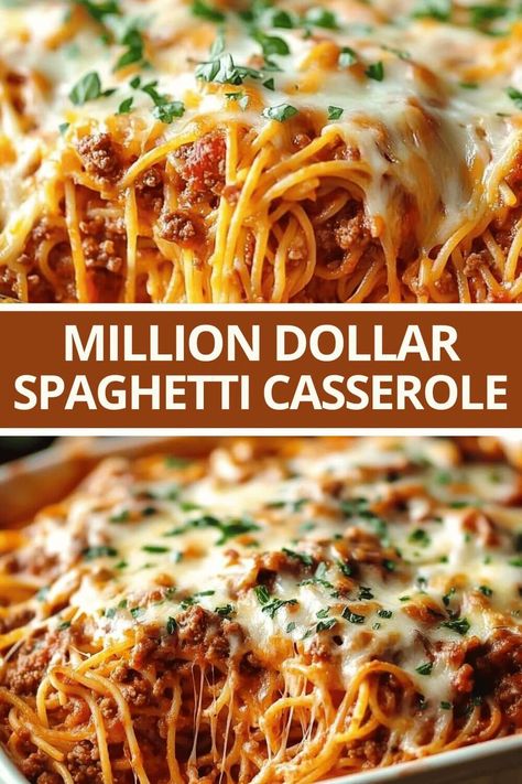 Million Dollar Spaghetti Casserole Million Dollar Spaghetti Allrecipes, Easy Million Dollar Spaghetti Recipe, Spaghetti Type Recipes, Million Dollar Spaghetti Instant Pot, Easy Recipes For Supper, Easy Baked Spaghetti Recipe Ground Beef, Twice Baked Spaghetti Casserole, Simple Casserole Recipes Easy Meals, Millionaire Spaghetti Casserole