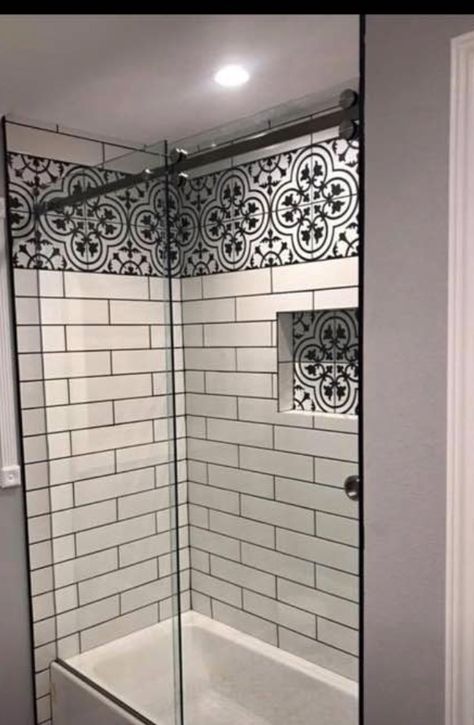 Shower With Pattern Tile Accent, Bathtub Tile Accent Stripe, Bathroom With All Tile Walls, Bathroom Surround Tile Ideas, Mosaic Accent Tile Bathroom Showers, Pattern Tile Shower Wall, Mixed Tile Bathroom Wall, Tile Shower Stall Ideas, Spanish Shower Tile Ideas