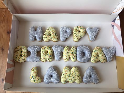 Letter Birthday Cake, Oreo Letter Cake, Letter Donuts Birthday, Happy Birthday Donuts Letters, Sprinkle Numbers On Cake, Donut Business, Donut Letters, Donut Cartoon Letter, Letter Birthday