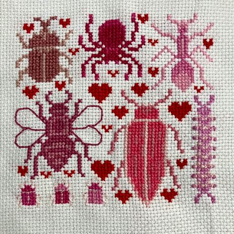 "Love Bugs Cross Stitch Pattern.  Is the love of your life a bug enthusiast? This is the Valentine's Day pattern for you! This is a DIGITAL DOWNLOAD for a PATTERN.  This listing includes a colored pattern with symbols in PDF format. ‼️Medium difficulty - back stitching, half stitches, and knots‼️ Pattern size: 60 x 60  Fabric count: 14 Finished size: 4.2 x 4.2\"  Total stitches: 1,598" Bug Enthusiast, Valentine Cross Stitch, Stitch Valentines, Red Cross Stitch, Cross Stitch Fonts, Valentines Patterns, Small Cross Stitch, 1 Tattoo, Love Of Your Life