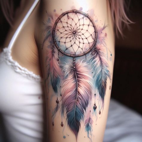 Dreamcatcher Tattoo Design, Hand Tattoos Ideas, Wolf Dreamcatcher Tattoo, Watercolor Owl Tattoos, Tattoos For Dad Memorial, Watercolor Tattoo Ideas, Dream Catcher Tattoo Design, Mommy Things, Hidden Tattoos