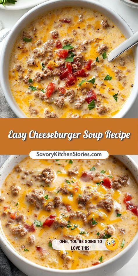 This Easy Cheeseburger Soup Recipe is a cozy twist on classic comfort food. Packed with ground beef, creamy cheese, and savory spices, it’s perfect for busy weeknights. Serve with crusty bread for a satisfying meal the whole family will love. Perfect addition to your Ground Beef Recipes collection! Ground Meat Soup, Soups With Ground Beef, Easy Cheeseburger Soup, Cheeseburger Soup Crockpot, Cheeseburger Soup Recipe, Bacon Cheeseburger Soup, Cheese Burger Soup Recipes, Cheese Soup Recipes, Beef Soup Recipes