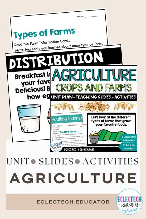 Dive into the heart of agriculture with this fun-filled resource. From understanding diverse types of farms and the cultivation of soil to discovering crop growth and livestock care, this bundle offers a look into into sustainable farming practices, agricultural products, and the journey from farm to market. 

The resource includes a detailed unit plan - complete with eight lesson plans, twenty print activities, and eight sets of interactive slides. Crops Farm, Agriculture Activities, Types Of Farming, Crop Farming, Farm Unit, Independent Activities, Small Group Instruction, Teaching Social Studies, Unit Plan