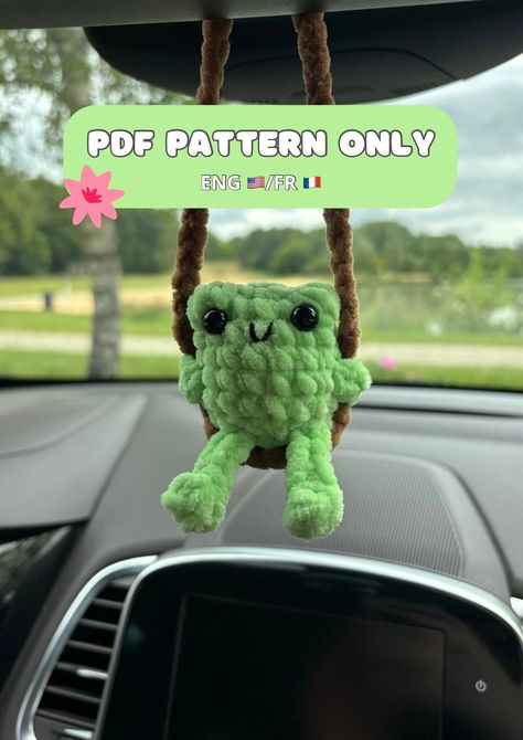 Crochet Frog Accessories, Crochet Rear View Mirror Pattern, Car Hanging Crochet Pattern Free, Rear View Mirror Crochet Pattern Free, Car Hanger Crochet Pattern Free, Crochet Car Hangers, Crochet Car Hanger Free Pattern, Crochet Frog Pattern Free, Green Crochet Projects