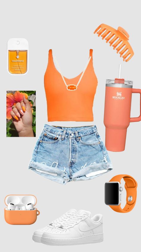 # orange # outfit Orange Outfit Ideas Summer, Orange Outfit Summer, Orange Summer Outfits, Summer Outfits Orange, Sandles Outfit, Halter Neck Top Outfit, Slay Clothes, Outfit Shuffles, Cropped Outfits