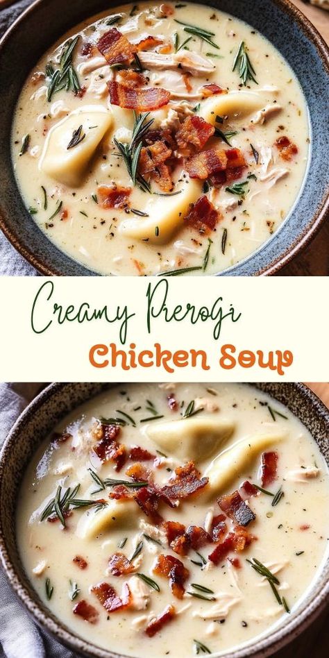 🥣 Warm up with Creamy Pierogi Chicken Soup with Rosemary Bacon—a comforting and hearty dish that's perfect for chilly days! This delightful soup combines tender chicken, flavorful pierogi, and crispy rosemary bacon in a rich, creamy broth. It's a delicious twist on traditional flavors that will warm your soul and satisfy your appetite.  👉 Try this easy pierogi chicken soup recipe today and enjoy a bowl of comfort!  #PierogiChickenSoup #ComfortFood Pierogi Soup Recipe, Soup With Rosemary, Chicken Soup Recipe, Bacon Soup, Soup And Stew, Chicken Soup Recipes, Potato Soup, Chicken Soup, Soup Recipe