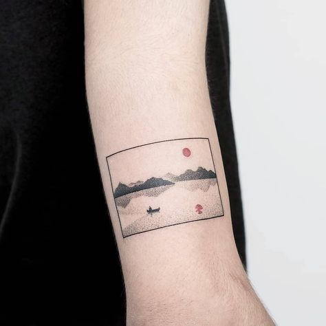 Landscape with a sunrise tattoo on the left upper arm Frame Tattoo Design Square, Complex Tattoos, Sunrise Tattoo, Square Tattoo, Henne Tattoo, Framed Tattoo, Landscape Tattoo, 4 Tattoo, 1 Tattoo