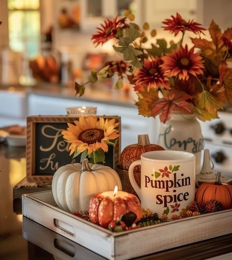 Are you ready for the fall? 🍁🍂��🍁 Here are some ideas on how to decorate your home for the fall - just put a tray with your favorite candles, pumpkins and some diy fall decorations on your kitchen counter or coffee table, and it will definitely change the vibe to a cozy, warm one 🍁🍂🍁 Fall Dinnerware, Fall Centerpiece Ideas, Fall Tray Decor, Diy Fall Decorations, Fall Coffee Table Decor, Fall Tray, Rustic Arrangements, Creative Centerpieces, Fall Coffee Table