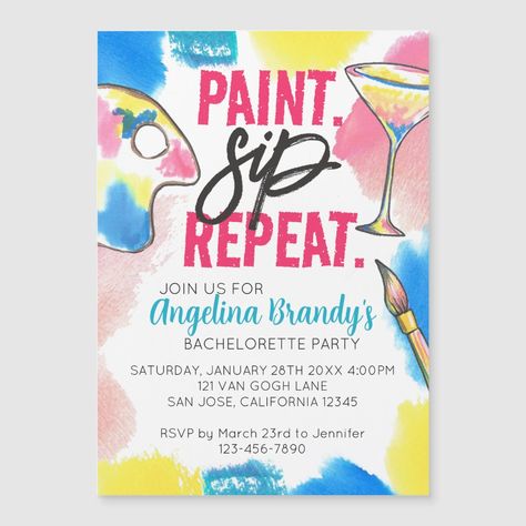 Rainbow Paint Sip Repeat Bachelorette Party Magnetic Invitation | #paintandsip #wineparty #adult #girlsnightout #winepaintparty #rainbow #bachelorette #craftparty #wine #wineandparty Rainbow Bachelorette, Wine Paint Party, Bachelorette Party Invites, Painted Invitations, Marble Invitation, Art Party Invitations, Sip And Paint, Birthday Painting, Wine Painting