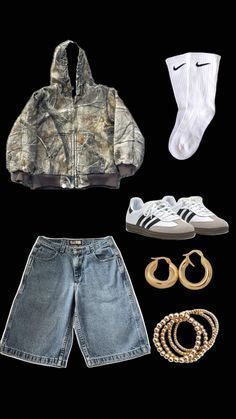 Camo Fits Aesthetic, Light Blue Jorts Outfit, White Sambas Outfits, Blue Jorts Outfits, Outfits With White Sambas, Camo Jorts Outfit Idea, Camo Outfits For Black Women, Black And Gold Outfits Women, Jorts Outfit Idea Black Women