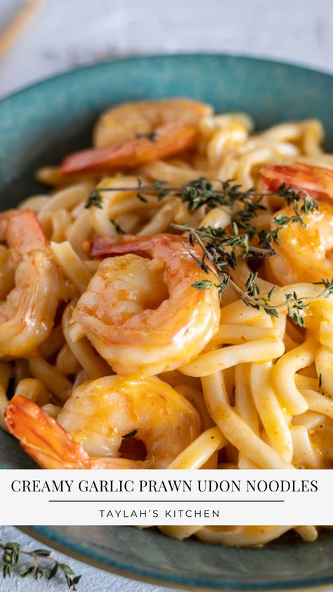 Prawn Udon Noodles, Prawn Noodle Recipes, Saucy Noodles, Creamy Garlic Prawns, Garlic Crab, Prawn Noodles, Crispy Chilli Beef, Garlic Prawn, Udon Noodles Recipe