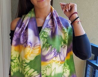 MySilkDreams by MySilkDreams on Etsy Silk Painting Techniques, Fabric Dyeing Techniques, Purple Scarf, Yellow Scarf, Painted Scarf, Satin Scarf, Purple Scarves, Silk Scarf Painting, Silk Art