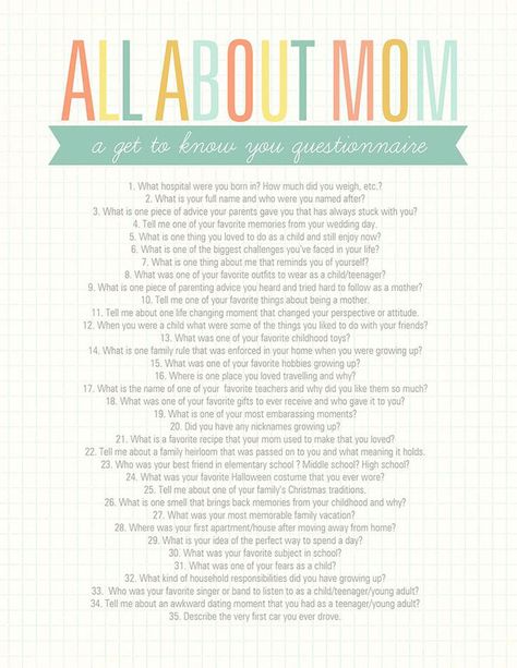 Get to know Mom with this All About Mom printable questionnaire!  This will be perfect and so fun for Mother's Day or any time of year! You Are My Superhero, How To Bullet Journal, All About Mom, Mom Printable, Personal History, Mom Day, Mors Dag, Smash Book, Mother And Father