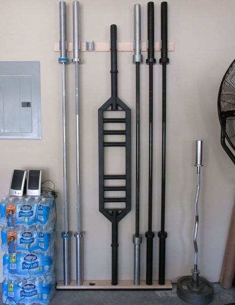 DIY Barbell Storage Rack in the Garage Gyms' garage gym Garage Gym Diy, Gym Storage Ideas, Home Gym Storage, Home Gym Set, Home Gym Setup, Diy Gym Equipment, Home Gym Garage, Gym Setup, Gym At Home