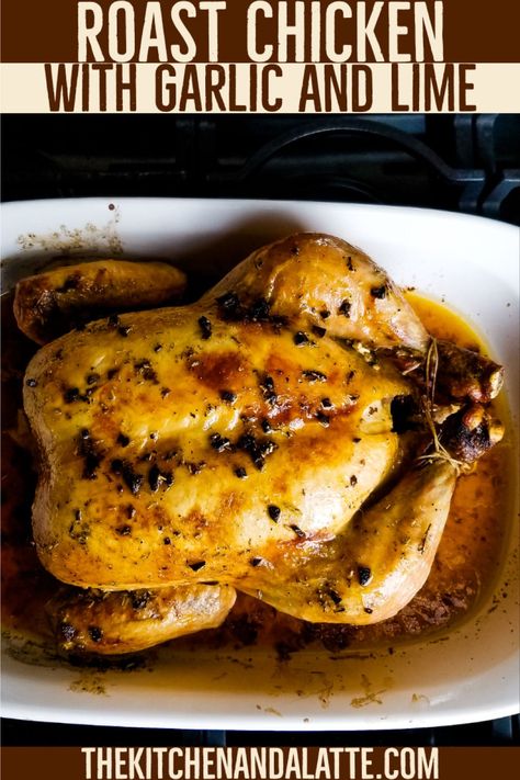 A simple whole roast chicken recipe with lime, garlic and rosemary for the main flavor! Lime is subtle and helps to keep the chicken tender and juicy while roasting.#wholeroastchicken #easyroastchicken #chickenwithlime via @thekitchenandalatte Simple Roast Chicken, Roasting Garlic, Whole Roast Chicken Recipe, Chicken With Garlic, Roast Chicken Recipe, Easy Roast Chicken, Chicken Tender, Roast Chicken, The Chicken