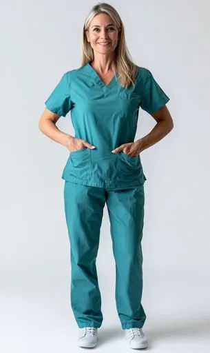 ↑↑↑ Larger size on website 🔸 A woman with long blonde hair is wearing teal scrubs and white sneakers. She is standing with her ha Teal Scrubs, Smiling Woman, Long Blonde, Long Blonde Hair, White Wall, Plain White, White Sneakers, Scrubs, Blonde Hair