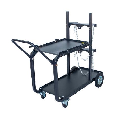 Weight Capacity 400 Lbs. Wheel Size 3" (Front)10" (Rear) Shelf Size 15-1/4" x 22-1/2" (Top)15-1/2" x 21-7/8" (Bottom) Wheel Material Steel Core w/ Hard Rubber Cylinder Capacity 300 Cu. Ft. Material Powder Coated Steel Number of Shelves 2 Manufacturers Part Number UWC4 Casters 2" Front Casters (Swivel & Lockable) Brand Metal Man Metal Man Heavy Duty Single/Dual Bottle Welding Cart UWC4 Description: The metal man heavy duty single/dual bottle welding cart is designed for multiple uses. It can be used to hold portable wire welders, plasma cutters and TIG welders along with the bottle of shielding gas needed for that application. Its unique cylinder rack allows you to configure it to carry one bottle of gas up to 10" in diameter and up to 300 cu. Ft.; or two separate bottles of gas up to 7-1/2 Welder Cart, Tig Welder, Welding Cart, Spool Holder, Cable Holder, Bottom Shelf, Powder Coated, Metal Working, Heavy Duty