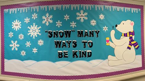 Polar bear winter bulletin board Middle School Winter Bulletin Board Ideas, Winter Kindness Bulletin Board Ideas, Teacher Winter Bulletin Boards, Counselor Christmas Bulletin Board, Winter Boletin Board, Bulletin Board Ideas Winter Theme, Inspirational Winter Bulletin Boards, Simple Winter Bulletin Boards, School Winter Bulletin Board Ideas