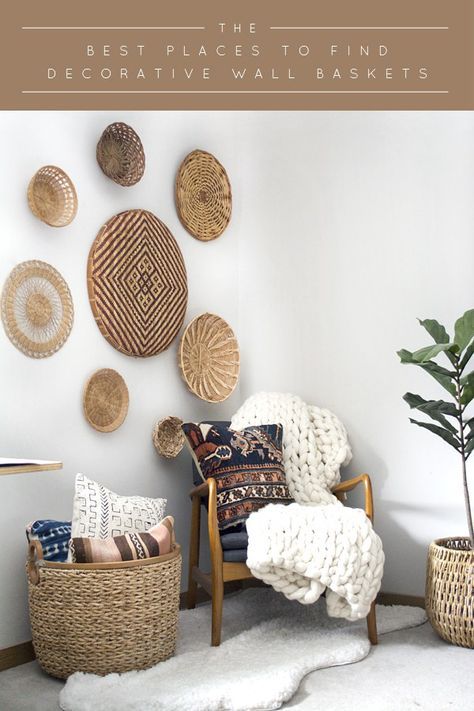 A round up of The Best Places to Find Decorative Wall Baskets to give your space a boho look First Apartment Ideas, Decorative Wall Baskets, Boho Cabin, Apartment Ideas On A Budget, Wall Baskets, Texture Wall, Boho Room Decor, Basket Wall Decor, Wall Basket