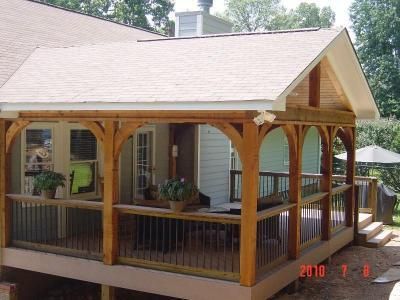 Covered Deck Design Ideas | Gabled roof open porch - Covered Porches Photo Gallery - Archadeck of ... Covered Deck Designs, Enclosed Deck, Open Porch, Gabled Roof, Relaxing Patio, Pergola Gazebo, Balkon Decor, Glass Doors Patio, Covered Porches