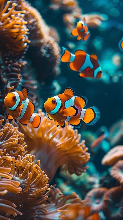 This captivating underwater photograph showcases a group of clownfish, affectionately known as 'Nemo', nestled among the flowing tentacles of a sea anemone. The symbiotic relationship between the clownfish and their host anemone is highlighted by the vivid colors and dynamic environment. The orange and white patterns of the clownfish contrast strikingly against the deep blues and greens of their marine surroundings, creating a mesmerizing display of nature's beauty and complexity. Clown Fish And Anemone, Orange Ocean Aesthetic, The Symbiotic Relationship Between, Fish Quilt, Ocean Underwater, Underwater Scene, Sea Anemone, Writing Motivation, Glass Inspiration