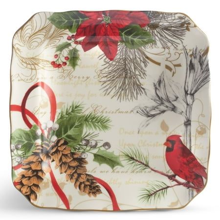 Embrace the Festive Joy of the Holiday Wishes Dinnerware Collection: Step into the enchanting world of the holiday season with the Holiday Wishes dinnerware collection from 222 Fifth. Infuse your table with the spirit of merriment, nostalgia, and joy that define this special time of year. Each piece of the Holiday Wishes collection is a canvas of holiday magic. Adorned with a vibrant red cardinal, classic poinsettias, sprigs of holly, and snippets of beloved Christmas carols, the creamy ivory po Holiday Dinnerware, Square Dinnerware Set, China Dinnerware Sets, Holiday Plates, Plates And Bowls Set, Christmas Dinnerware, Elegant Table Settings, Christmas Carols, Christmas Dishes