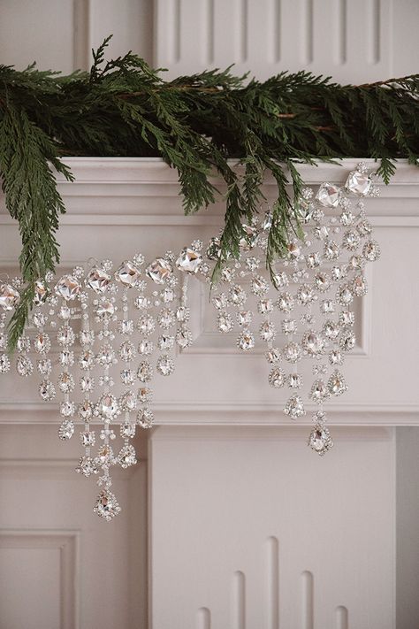 Glam Christmas Decor, Crystal Garland, Elegant Christmas Decor, Crystal Christmas Tree, Glam Christmas, Wood Room, Christmas Mantels, Garland Decor, Elegant Christmas