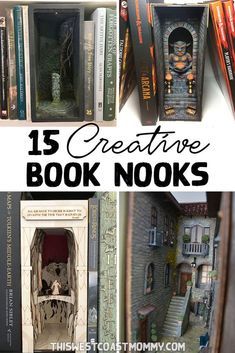 Hollowed Out Book Ideas, Bookshelf Mini Worlds, Book Nook Diy Ideas, Book Nook Templates, Book Diarama Ideas, Halloween Book Nook, Diorama Art Miniatures, Book Nooks Ideas, Diy Booknook Ideas