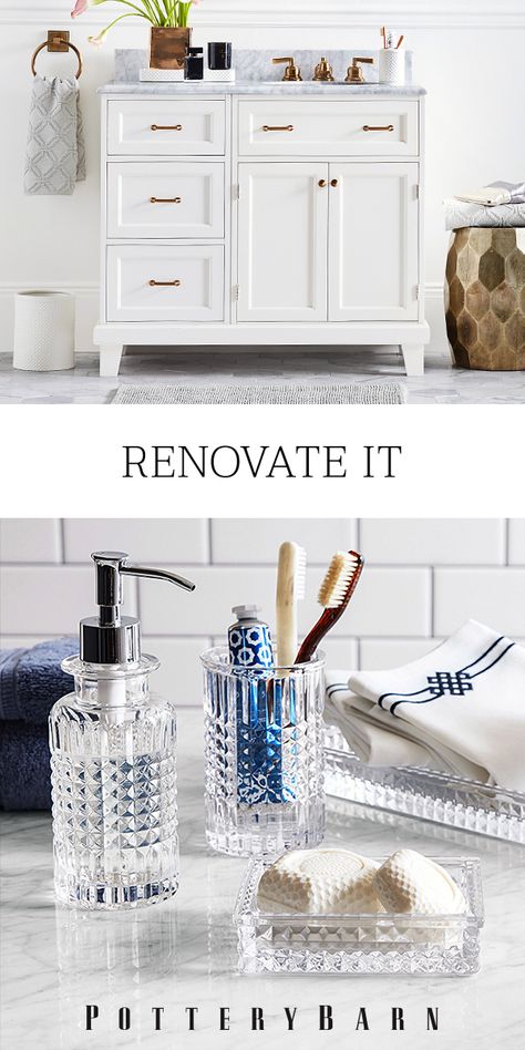 Whether it’s a ten-minute transformation or a total overhaul, Pottery Barn is here with quick, easy and affordable ideas for your bath. Check out PotteryBarn.com today and start renovating! Pottery Barn Bathroom Ideas, Renovating Bathroom, Barn Bathroom Ideas, Copper Fixtures, Pottery Barn Bathroom, Greece Blue, Barn Bathroom, Neutral Bathroom, Tropical Bathroom