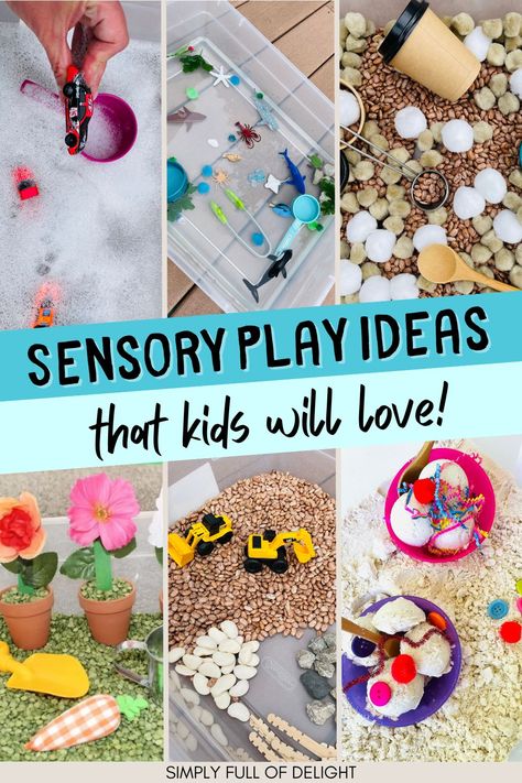 25 best ever sensory bins - ocean sensory, construction sensory, hot cocoa sensory play, car wash, ice cream sensory play, and garden sensory bin Sensory Bins Diy, Sensory Preschool Activities, Sensory Bin Ideas For Preschool, Kindergarten Sensory Bins, Kinetic Sand Activities, Sensory Bins For Preschool, Diy Sensory Bin, Sand Activities, Sensory Preschool