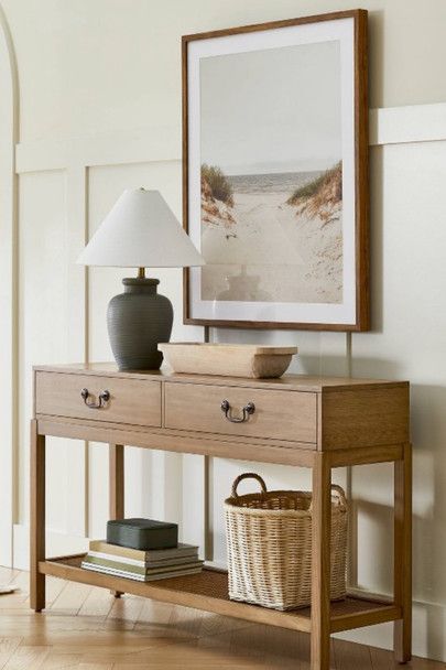 Hallway Buffet Table, Entry Sideboard, Hall Table With Baskets, Wooden Console Table Hallway, Console Table Mango Wood, Rattan Entry Table Console Tables, Ratran Console Table, Entryway Table Decor, Living Room Console