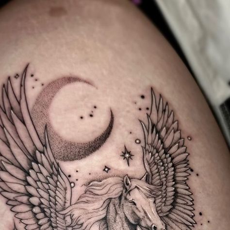 Kathryn Semus on Instagram: "Pegasus ✨🦄 I had so much fun with this one. Thank you @coleycookphotography !!   - - - - -#pegasus #pegasustattoo #tattoo #finelinetattoo #blackandgrey #utahtattooartist #illustrativetattoo #utahtattoo" Medusa And Pegasus Tattoo, Mini Pegasus Tattoo, Fantasia Pegasus Tattoo, Simple Pegasus Tattoo, Greek Pegasus Tattoo, Pegasus Tattoo, H Tattoo, Tattoo 2024, Body Modification