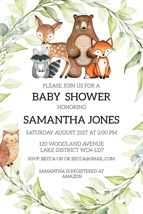 Watercolour Woodland, Woodland Party Theme, Green Invitations, Woodland Baby Shower Invitations, Animal Baby, Animal Baby Shower, Woodland Theme, Woodland Party, Woodland Animal