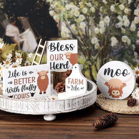 Cow Diy Decor, Cows Farm, Cow Craft, Fluffy Cows, Sign Decor, Wood Material, Shelf Ideas, Tiered Tray Decor, Wooden Sign