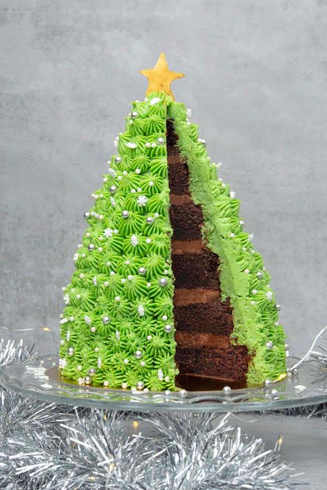 Christmas tree cake on a cake cake stand Dessert Christmas Tree, Sweet Christmas Tree, Christmas Tree Desserts, Dessert Christmas, Delicious Christmas Desserts, Christmas Cake Designs, 3d Christmas Tree, Tree Cake, Christmas Tree Cake