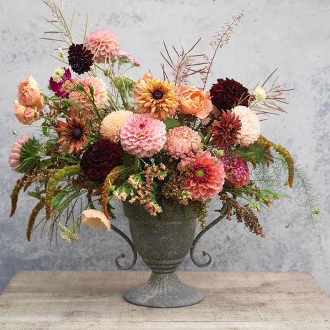 Autumn Table Arrangements, Dahlia Flower Arrangements, Dahlia Centerpiece, Wedding In Ireland, Urn Arrangements, Dahlias Wedding, October Flowers, Dahlia Bouquet, Large Flower Arrangements