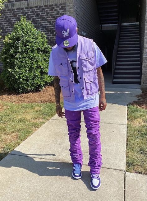 Men’s Purple Outfit, Purple Mens Fashion, Purple Outfit Ideas Men, Fire Fits Men, Purple Mens Outfits, Mens Purple Outfit, Purple Jumpsuit Outfit, Stacked Jeans Outfit Men, Birthday Fits Men