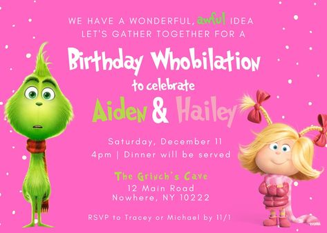 Grinch Birthday Party, Pink Grinch, Grinch Birthday, Christmas Birthday Invitations, Christmas Invite, Grinch Christmas Party, Le Grinch, Baby Shower Party Invitations, Grinch Party