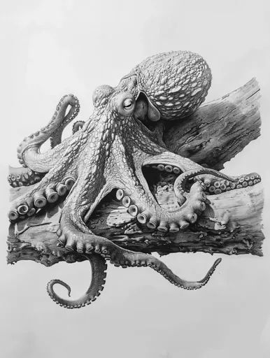 ↑↑↑ Larger size on website 🔸 A detailed pencil drawing of an octopus resting on a piece of driftwood. Its large, bulbous head and 🔸 From Midjourney AI Image Octopus Woman Drawing, Octopus Pencil Drawing, Octopus Eyes, Octopus Illustration, Octopus Tentacles, Sense Of Life, Creature Drawings, Woman Drawing, Fantasy Illustration