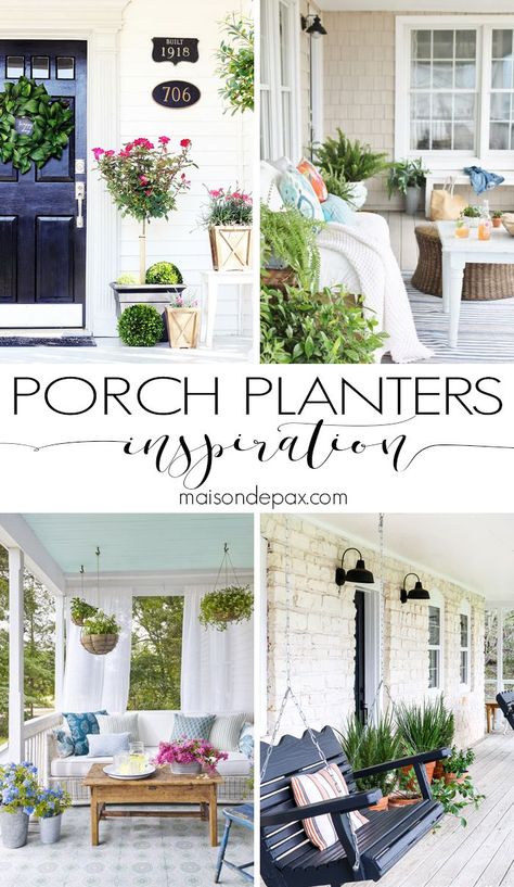 Potted plants are one of the easiest ways to dress up any space!  Be sure to check out these gorgeous porch planter ideas and inspiration front and back porches before sprucing up your own outdoor space. Back Porch Planter Ideas, Back Patio Planter Ideas, Pool Deck Decorating Ideas Potted Plants, Front Yard Pots, Spring Porches, Plant Porch, Porch Planter Ideas, Garden Decks, Porch Planter