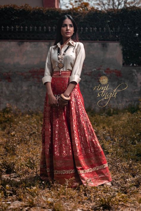 Skirt And Shirt Outfits Indian Wedding, Banarasi Skirt With Shirt, Red Long Skirt Outfit Indian, Silk Shirt Skirt Outfit, Shirt Collar Blouse Designs For Lehenga, White Shirt Lehenga Outfit, Shirt And Skirt Outfit Traditional, Silk Shirt And Skirt Outfit, White Shirt And Long Skirt Outfit