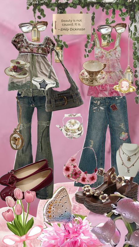 Tea party 🥳 #tea #teaparty #shuffles #Pinterest #flowers #glasses #shoes #shirt #pants #jeans #clothes #pinterestboard #pretty #cute #poetry #emilydickinson #skibidi #fun #funky #odd #vintage #floral #butterfly #vines #plants #greenery #earthy #friends #teapartyoutfit #kewl Tea Party Clothes, Cute Poetry, Pinterest Flowers, Vines Plants, Tea Party Tea, Clothes Pants, Jeans Clothes, Party Clothes, Floral Butterfly