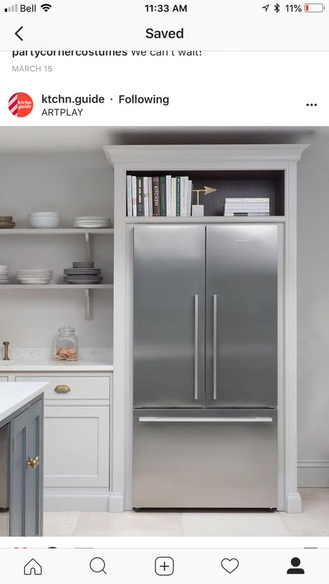 Framed refrigerator, sans open shelf Refrigerator Cabinets Ideas, Framed In Refrigerator, Boxed In Fridge Kitchens, Fridge Near Doorway, Open Shelf Over Fridge, Fridge Framing Cabinets, Refrigerator That Sticks Out, Open Cabinet Over Refrigerator, Refrigerator Between Two Windows