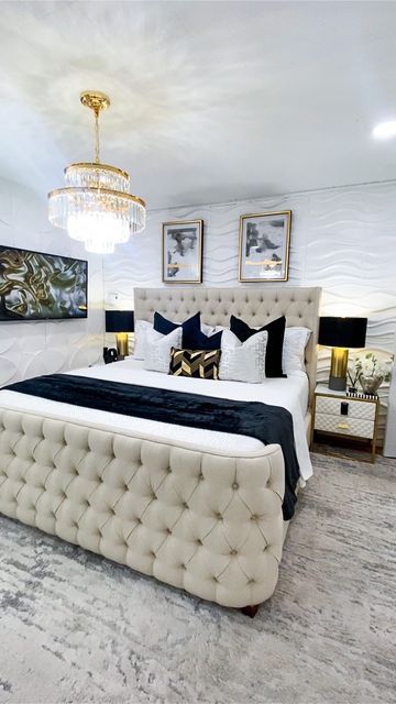 Bedroom For Newly Married Couple, Bedroom Husband And Wife, Black Couple Bedroom Picture, His And Hers Bedroom Ideas, Husband And Wife Bedroom Ideas, Black Tuffed Beds Bedroom Decor, Modern Glam Bedroom Bed Bath & Beyond, Glam Bedroom Decor, Tufted Upholstered Bed